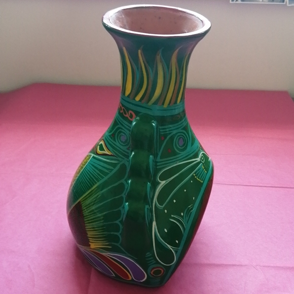 Vintage 2007 pottery vase decor, Mexican folk art, turquoise, pink, yellow - Picture 4 of 7